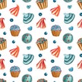 Watercolor seamless pattern with sweets, cookies and candies.