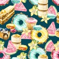 Watercolor seamless pattern sweets and exitic fruit. Summer illusration - donats, candy, cupcake, desserts for the textile print a