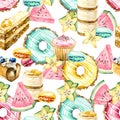 Watercolor seamless pattern sweets and exitic fruit. Summer illusration - donats, candy, cupcake, desserts