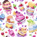 Watercolor seamless pattern with tasty desserts, cakes and berries. Colorful summer background. Original hand drawn