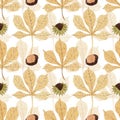 Watercolor seamless pattern with tender chestnut leaves with nuts Royalty Free Stock Photo