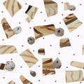 Seamless pattern of textural geometric shapes imitating wood and stones on a white background.