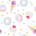 Watercolor seamless pattern texture of fresh sweets and dessert