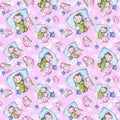 Watercolor seamless pattern on the theme of a children`s illustration and a good night with a small child, around the yellow stars Royalty Free Stock Photo