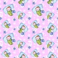 Watercolor seamless pattern on the theme of a children`s illustration and a good night with a small child, around the yellow stars Royalty Free Stock Photo
