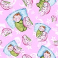 Watercolor seamless pattern on the theme of a children`s illustration and a good night with a small child, around the yellow stars Royalty Free Stock Photo