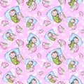 Watercolor seamless pattern on the theme of a children`s illustration and a good night with a small child, around the yellow stars Royalty Free Stock Photo