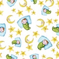 Watercolor seamless pattern on the theme of a children`s illustration and a good night with a small child, around the yellow stars Royalty Free Stock Photo