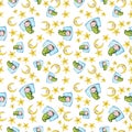 Watercolor seamless pattern on the theme of a children`s illustration and a good night with a small child, around the yellow stars Royalty Free Stock Photo