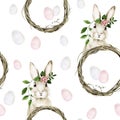 Watercolor seamless pattern on the theme of Easter, spring. cute easter bunny with flowers. Easter eggs, wreath on a white backgro Royalty Free Stock Photo