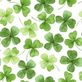 Watercolor seamless pattern on the theme of st. patrick`s day. green four-leaf clover leaves on a white background. holiday print Royalty Free Stock Photo