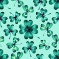 watercolor seamless pattern on the theme of st. patrick's day. green four-leaf clover leaves on a white background Royalty Free Stock Photo