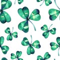 watercolor seamless pattern on the theme of st. patrick's day. green four-leaf clover leaves on a white background Royalty Free Stock Photo