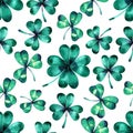 watercolor seamless pattern on the theme of st. patrick's day. green four-leaf clover leaves on a white background Royalty Free Stock Photo