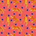 Watercolor seamless pattern with tigers and hibiscus flowers isolated on pink background.