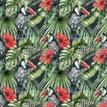 Watercolor seamless pattern with toucans and tropical hibiscus. Hand painted birds, flowers and jungle palm leaves Royalty Free Stock Photo