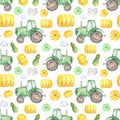 Watercolor seamless pattern with tractor, pumpkins, haystacks, harvest