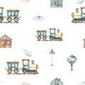 Watercolor seamless pattern with trains, wagons, transport, railroad for textures, prints, wallpapers