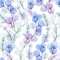 Watercolor seamless pattern with transparent eucalyptus oozes. delicate watercolor, green, blue and pink leaves of tropical plants Royalty Free Stock Photo