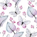 Watercolor seamless pattern with transparent flowers and butterflies. pink and blue tropical leaves, butterflies, berries isolated Royalty Free Stock Photo