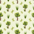 Watercolor seamless pattern with trees and butterfly. Natural forest pattern with mushrooms and butterfly.
