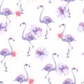 Watercolor seamless pattern with tropic birds flamingos and exotic flowers. Royalty Free Stock Photo