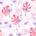 Watercolor seamless pattern with tropic birds flamingos and jungle plants and flowers. Royalty Free Stock Photo