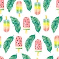 Watercolor seamless pattern tropical banana leves palm and ice cream. Summer party dessert, floral, tropical leaf Royalty Free Stock Photo