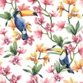 Watercolor seamless pattern, tropical birds, toucan with orchid flowers and green leaves, yellow and red tropic flowers on white Royalty Free Stock Photo