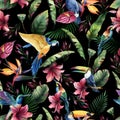 Watercolor seamless pattern, tropical birds, toucan, parrot with flowers and green leaves, yellow and red tropic flowers on dark