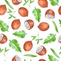 Watercolor seamless pattern with tropical coconuts.