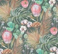 Watercolor seamless pattern with tropical dried flowers and palm