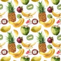 Watercolor seamless pattern with tropical fruit. Hand painted pineapple, bananas, mangosteen, mango, kiwi on white