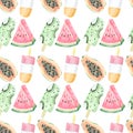 Watercolor seamless pattern tropical fruit and juce ice cream. Summer party food for digital paper or textile fabric