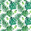 Watercolor seamless pattern with tropical leafs. Exotic fresh pattern isolated on white background