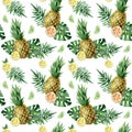 Watercolor seamless pattern with tropical leafs, pineapple and citrus fruits.