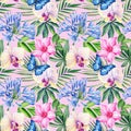 Watercolor seamless pattern tropical leaves and flowers, jungle background.