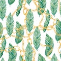 Watercolor seamless pattern tropical leaves and golden chain. Summer glamour print for the textile fabric