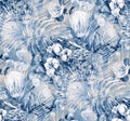 Watercolor seamless pattern with tropical protea flowers and monstera leaves in blue shades Royalty Free Stock Photo