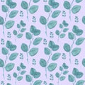 Watercolor seamless pattern with turquoise eucalyptus on a mauve background. Repetitive, wedding,textural