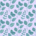 Watercolor seamless pattern with turquoise eucalyptus on a mauve background. Repetitive, wedding,textural