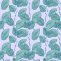 Watercolor seamless pattern with turquoise eucalyptus on a mauve background. Repetitive, wedding,textural