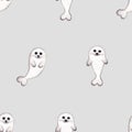 Watercolor Seamless Pattern with Two Little Cute Baby Seals on a Gray Backgroun