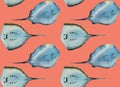 Watercolor seamless pattern with two stingray fishes view from bottom, on pink or orange background Royalty Free Stock Photo