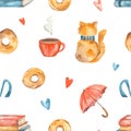 Watercolor seamless pattern with umbrellas, cat, cup, Petersburg metro sign, donuts, books, print