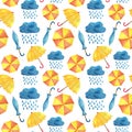 Watercolor seamless pattern with umbrellas, clouds and rain. Cute hand painted illustration on white background. Seasonal autumn