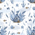 Watercolor seamless pattern with under the sea houses surrounded by seaweed, fish, snails, jellyfish.