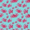 Watercolor seamless pattern of undersea red corals on turquoise background.