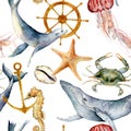 Watercolor seamless pattern with underwater animals. Hand painted whale, jellyfish, starfish and helm illustration