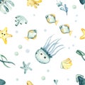 Watercolor seamless pattern with underwater creatures, jellyfish, squid, starfish, algae, corals